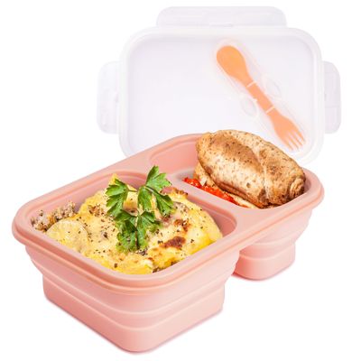 Un bon prix. 2 compartiments contenant du déjeuner pliable avec couvercle boîte à déjeuner avec ustensiles pliable Bento en silicone pour adultes sans BPA en ligne