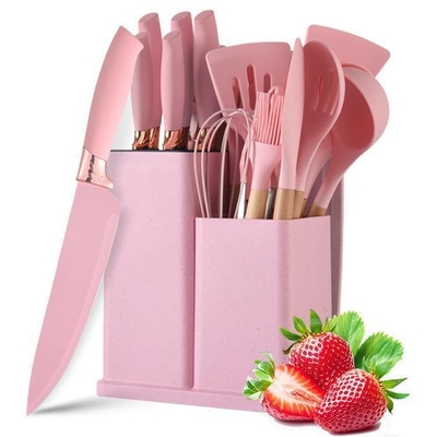 Un bon prix. 19 pièces d'ustensiles de cuisine en silicone antiadhésif Spatula avec support, poignée en bois en ligne