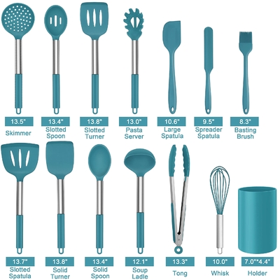 Un bon prix. 14 pièces Appareils de cuisine en silicone avec poignée en acier inoxydable Appareils de cuisine pour ustensiles de cuisine non collants en ligne