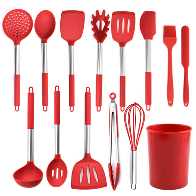 14 pièces Appareils de cuisine en silicone avec poignée en acier inoxydable Appareils de cuisine pour ustensiles de cuisine non collants