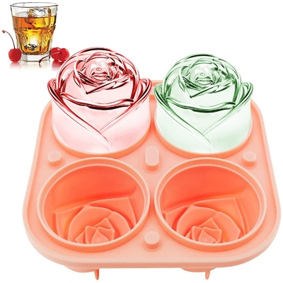 Moule à glaçons en rose, plateau à glaçons en silicone à 4 cavités, fabricant de boules de glace en silicone en rose, facile à libérer, pour les cocktails, le whisky, le bourbon et les boissons à jus.