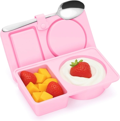 Récipients de collations réutilisables en silicone avec couvercle, 3 paquets Double/2 Compartement Récipient de boîte à collations pour sauce à la salade, récipients d'épices avec couvercle pour le contrôle des portions, voyage, pique-nique