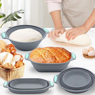 Ensemble de panier de cuisson et de protection contre le levain en silicone haut de gamme - comprend des bols pliables ovales et ronds (9,5 pouces) - coffre-fort pour four et lave-vaisselle, cadeaux pour les boulangers artisanaux
