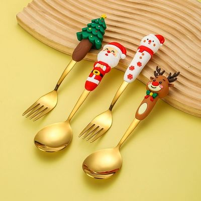 Ensemble cuillère et fourchette de Noël en silicone personnalisé – Silicone de qualité alimentaire + acier inoxydable 304 | Couverts de Noël en forme de dessin animé pour enfants et cadeaux