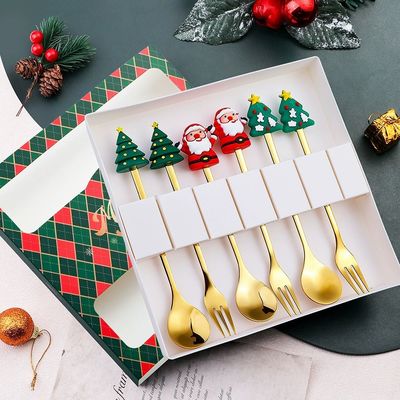 Ensemble cuillère et fourchette de Noël en silicone à long manche personnalisé – Silicone de qualité alimentaire + acier inoxydable 304 | Couverts de Noël avec dessins animés pour enfants et adultes